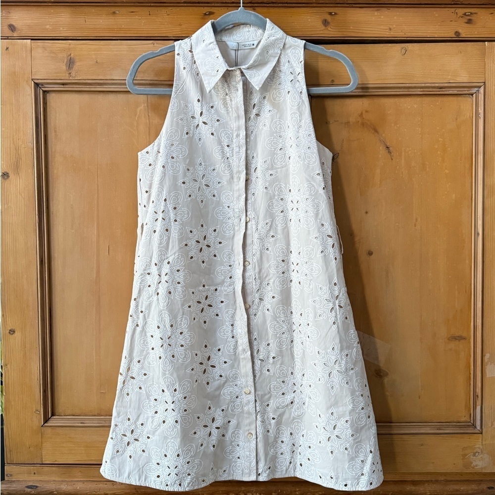 Zara beige EMBROIDERED CUTWORK SMOCK DRESS NWT - Picture 3 of 8